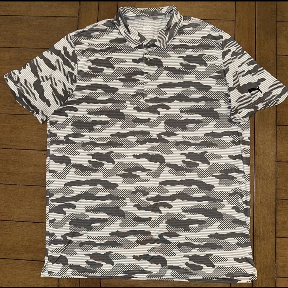 Puma Polo Shirt Mens XL Grey  White Camo Performance Stretch Golf Short Sleeve